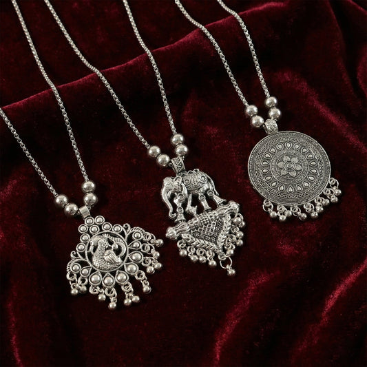 Oxidised Silver Finish Traditional Pendant Necklace – Mix Design (1 Pc)