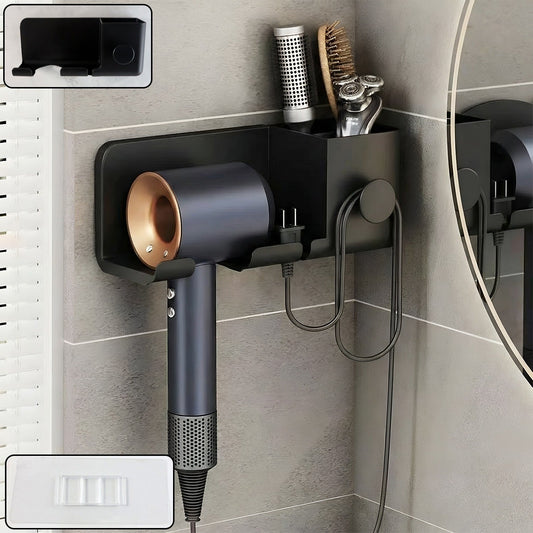 Wall Mounted Hair Dryer Holder with Multipurpose Organizer Shelf and Hook